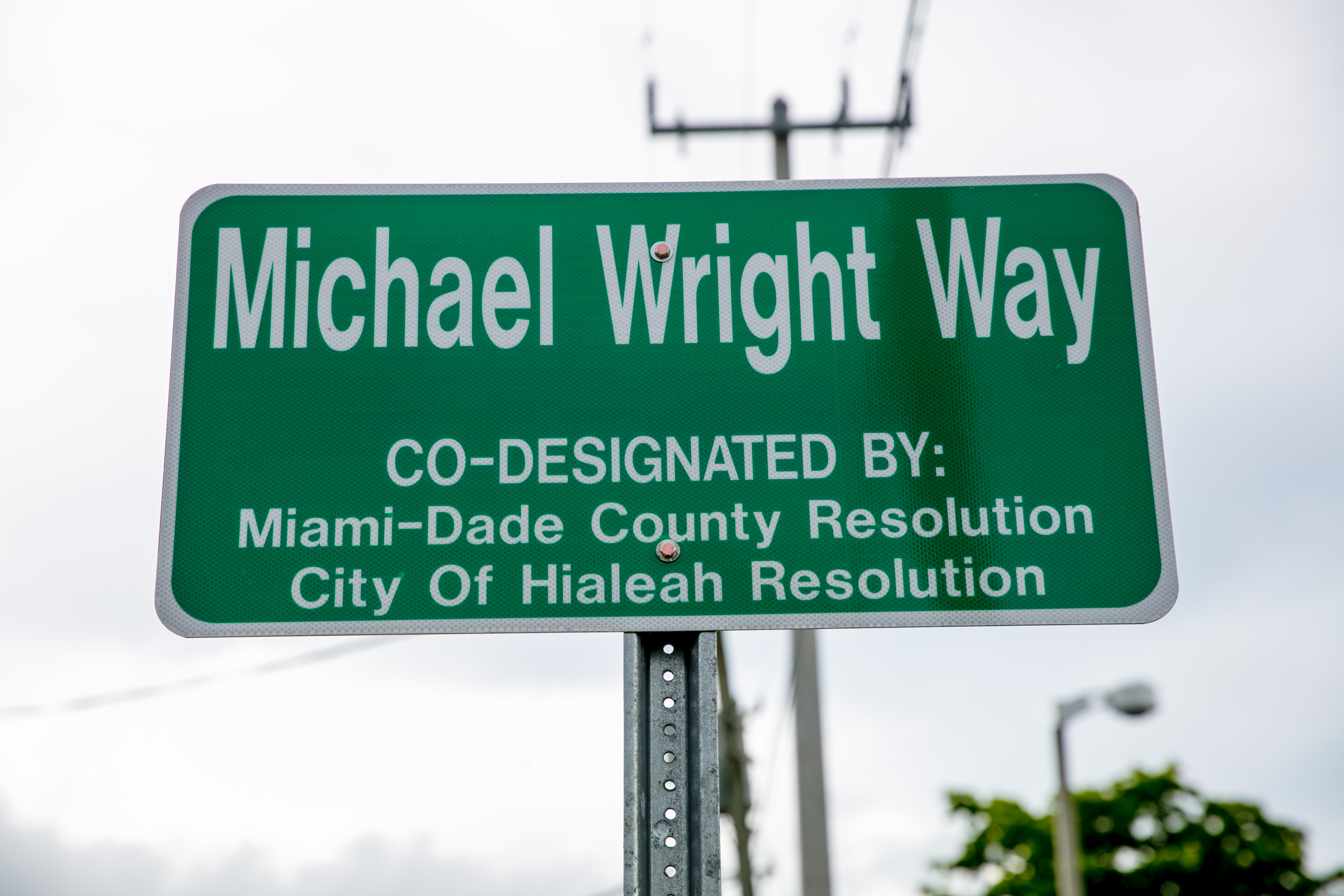 The new street sign with Michael Wright's name on it.