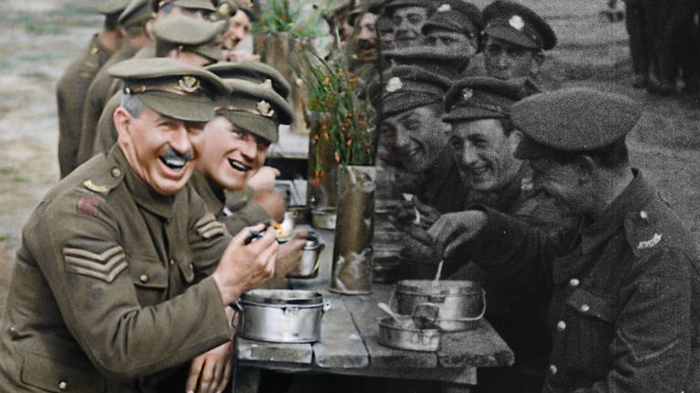 An old black and white photo from World War 1 colorized.