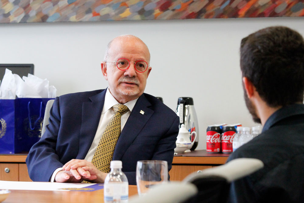 President Padron being interviewed. the college’s Board of Trustees has been working tirelessly to find his successor.