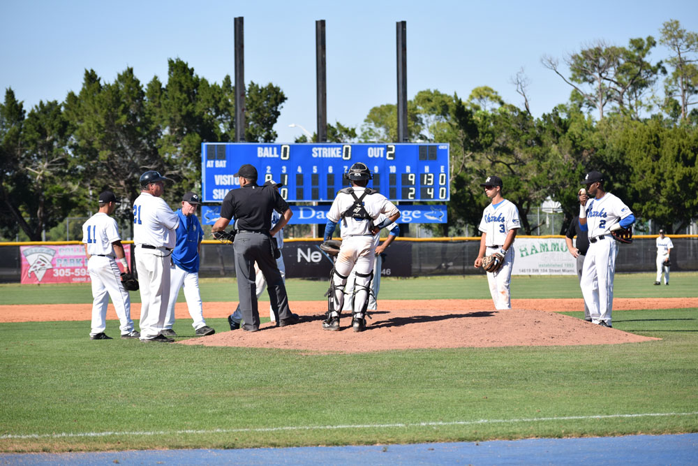 The baseball team on the pitcher's mound.