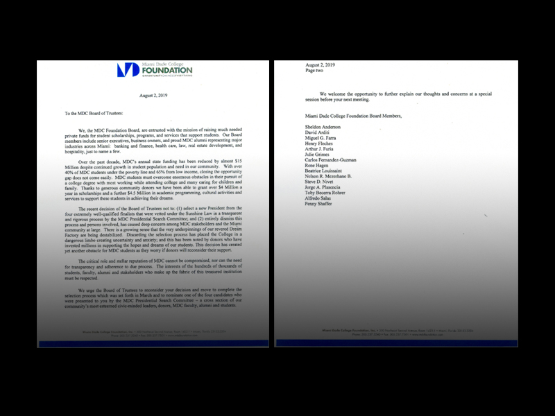 MDC Foundation letter condemning decision to reboot presidential search.