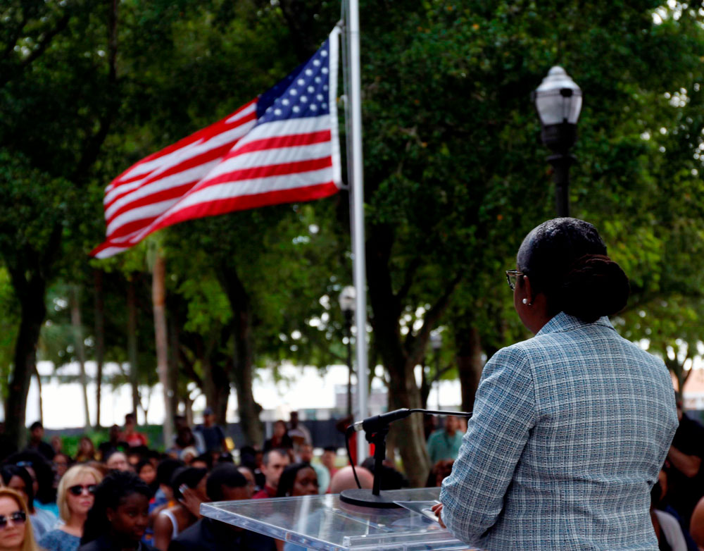 North Campus President Malou Harrison giving a speech.