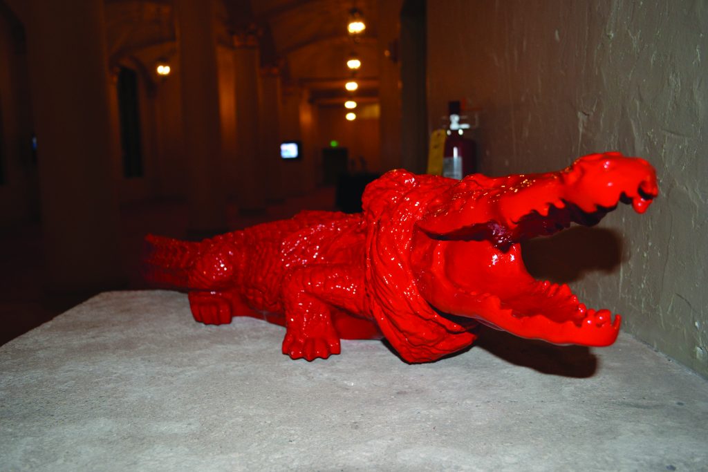 A crocodile sculpture.