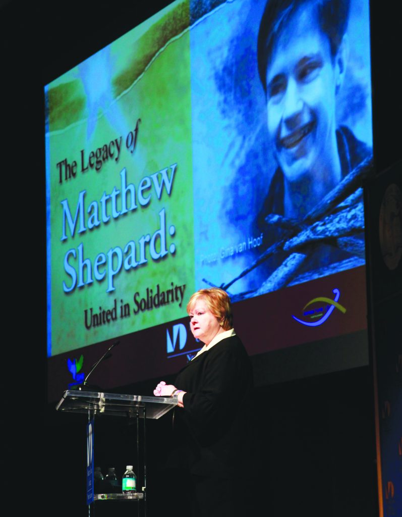 Judy Shepard speaking to students about her son Matthew Shepard.