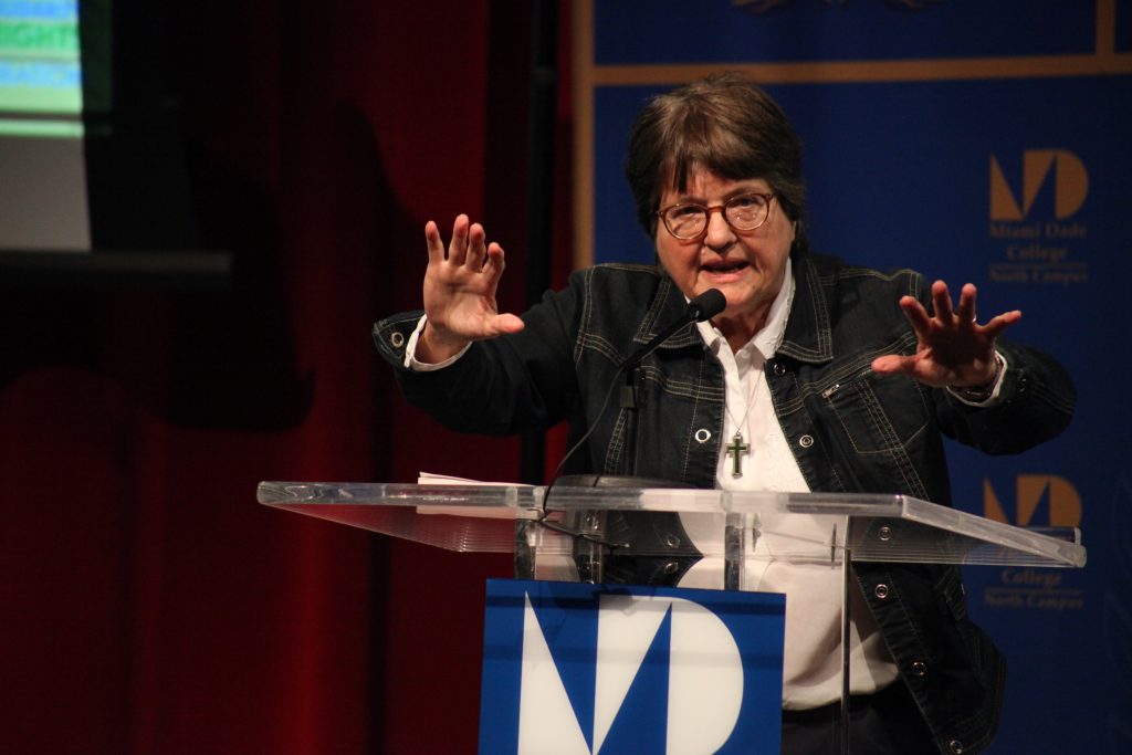 Sister Helen Prejean speaking about her book at North Campus.