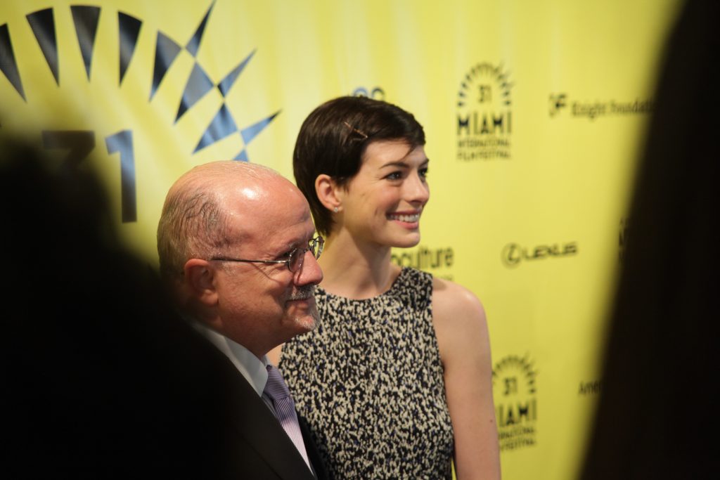 Actress Anne Hathaway and MDC President Eduardo J. Padron on the red carpet at 31st Miami International Film Festival.