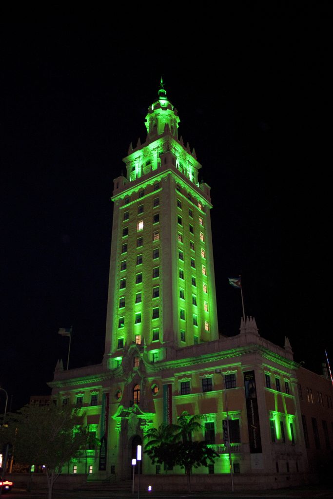 The Freedom Tower lighted up green.