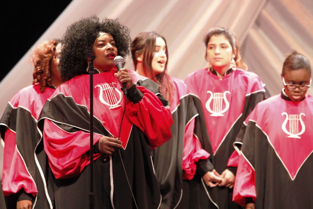 Gospel singer performing with the Miami Dade College Choir.