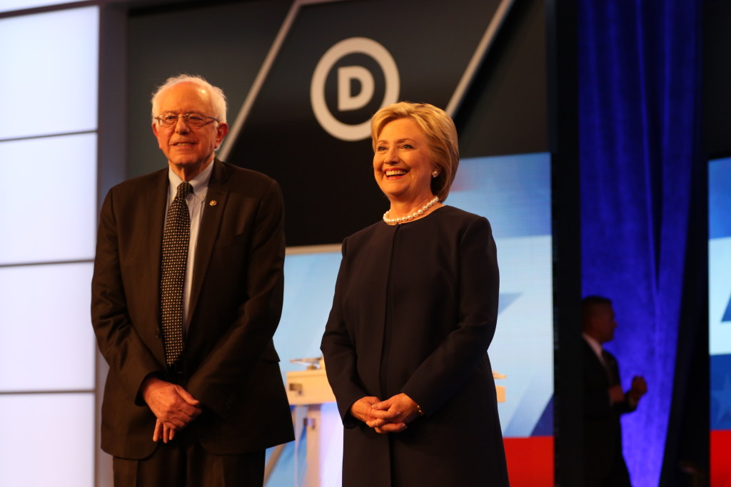 Bernie Sanders and Hillary Clinton at the 8th Democratic Debate.