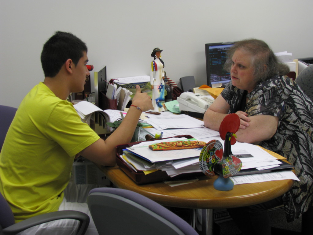 Paula Epstein speaking with student, Franco Carabetta.