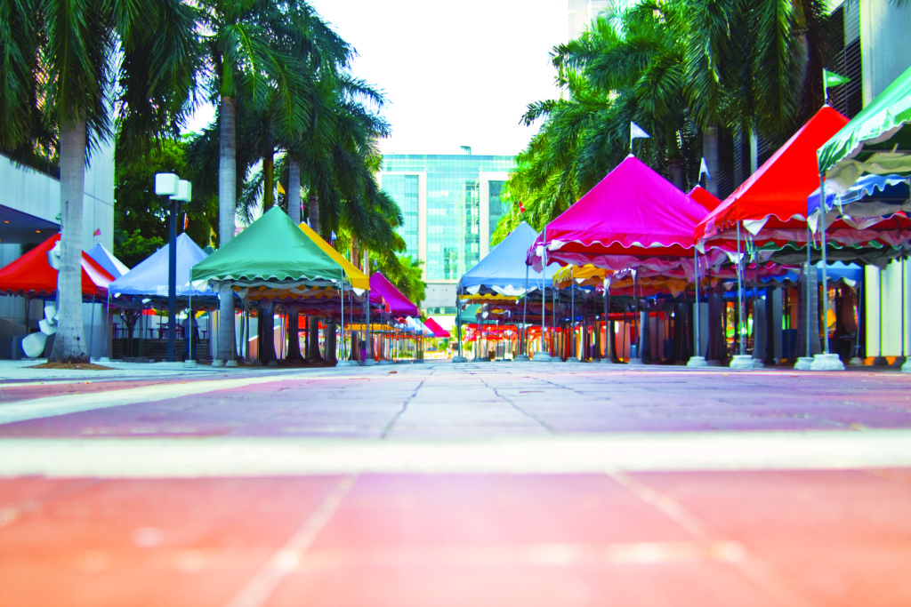 Tents of Miami Book Fair International going up.