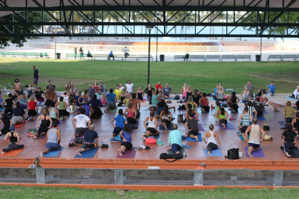 Participants practicing yoga at Bayfront Park.