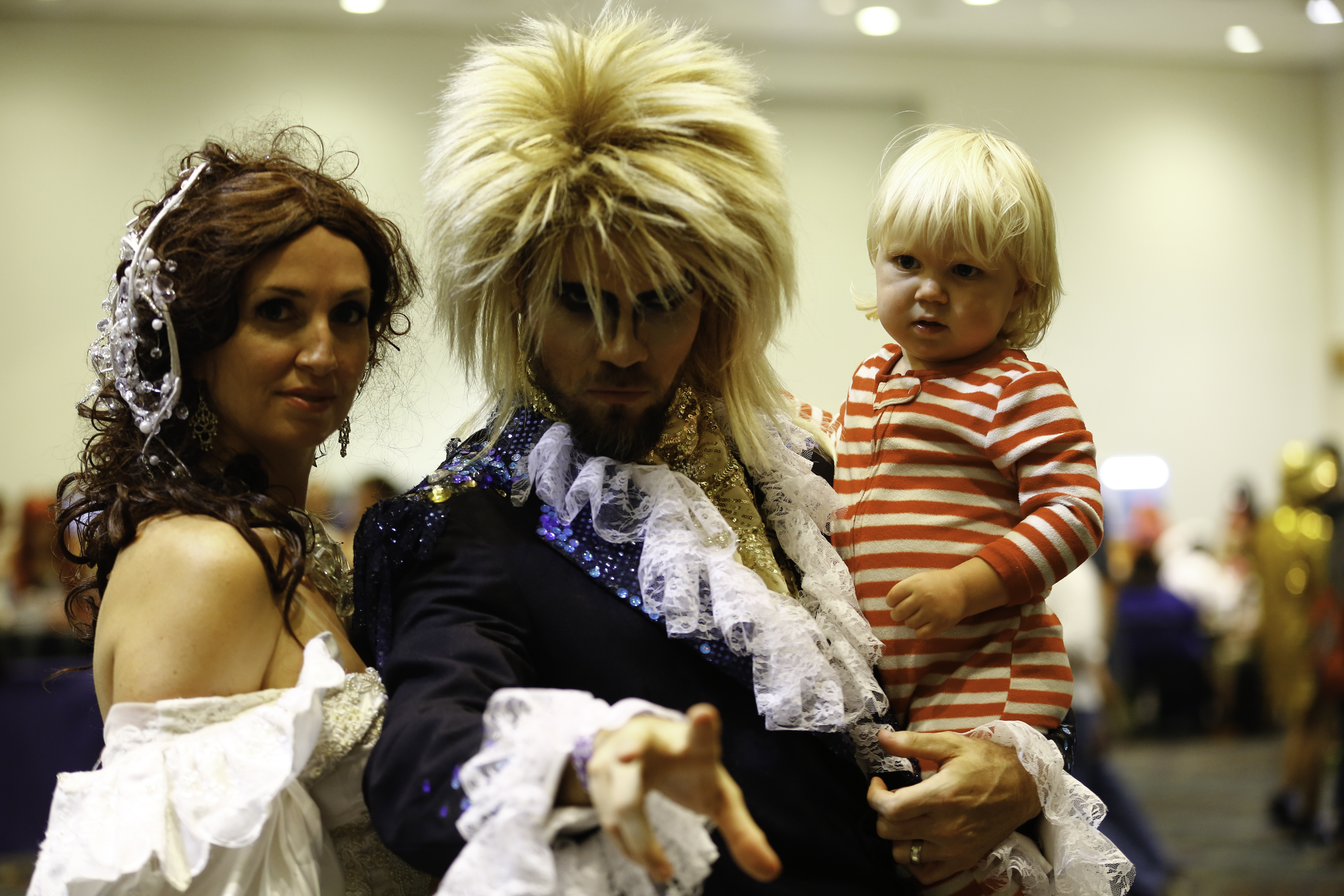 A family dressed as Sarah Williams, Jareth the Goblin Kind and Toby from Labyrinth.