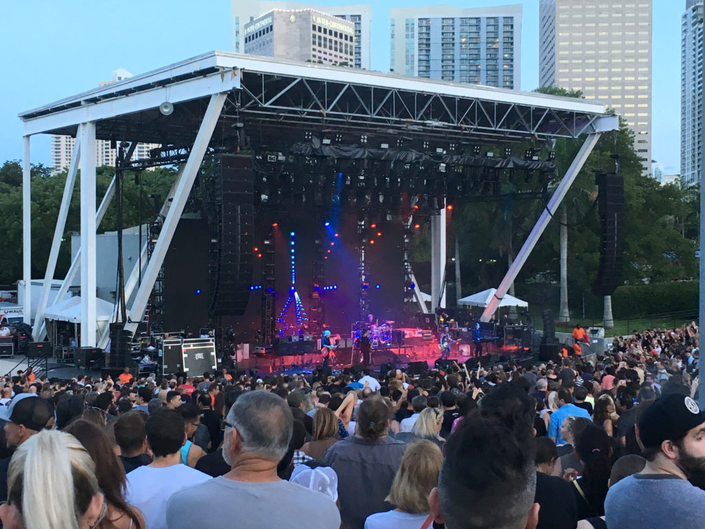 Image of the stage during a concert by The Cure.