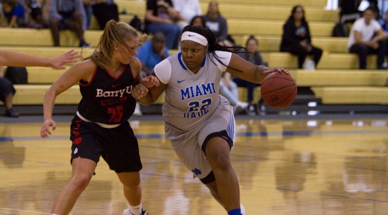 Kevona Gay driving the ball towards the basket. Lady Sharks