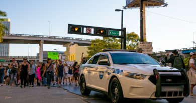 Image of protesters next to police.