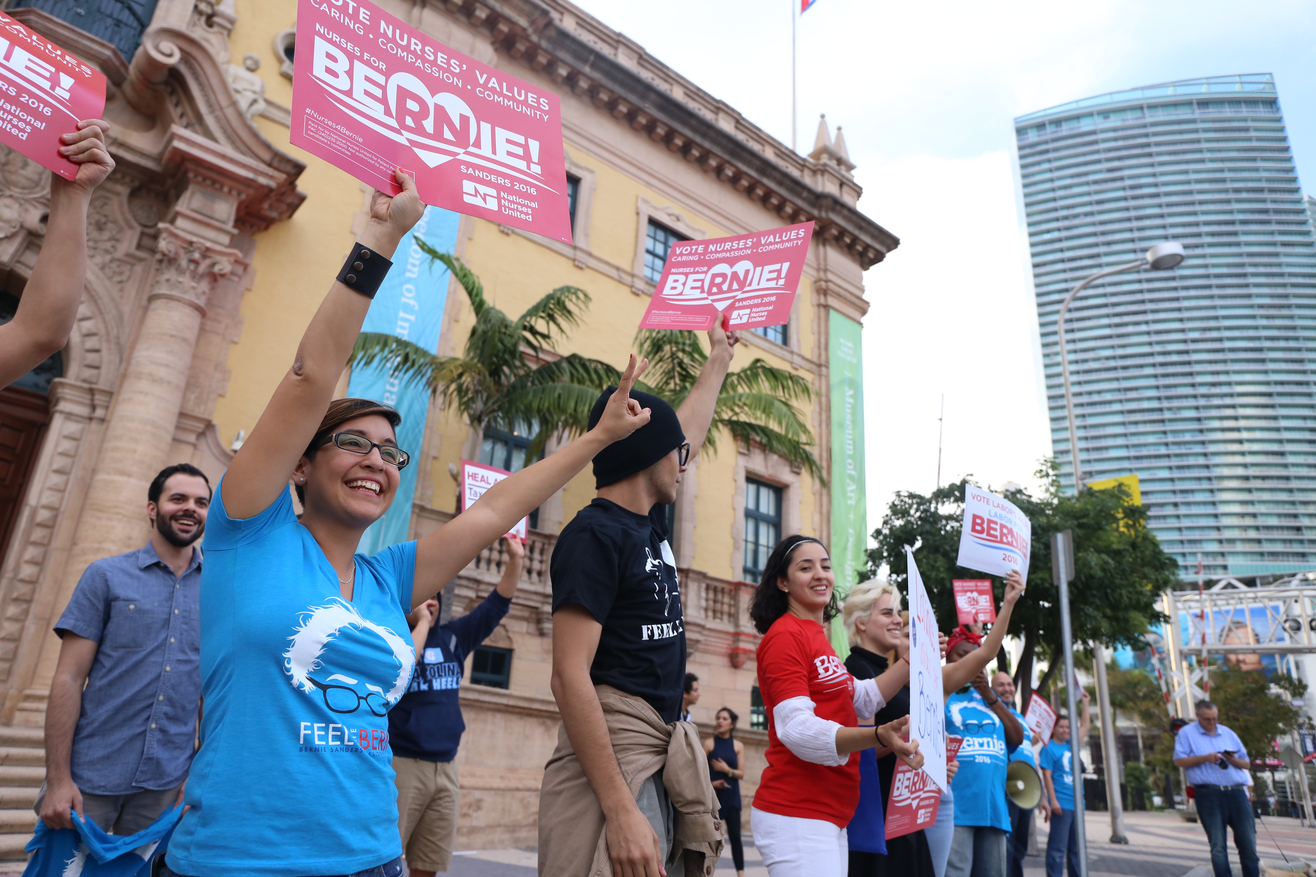 Bernie Sanders supporters in front of the Freedom Tower.