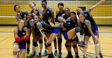 MDC Lady Sharks volleyball team playfully posing for the camera. Championship.