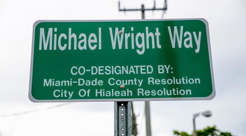 The new street sign with Michael Wright's name on it.