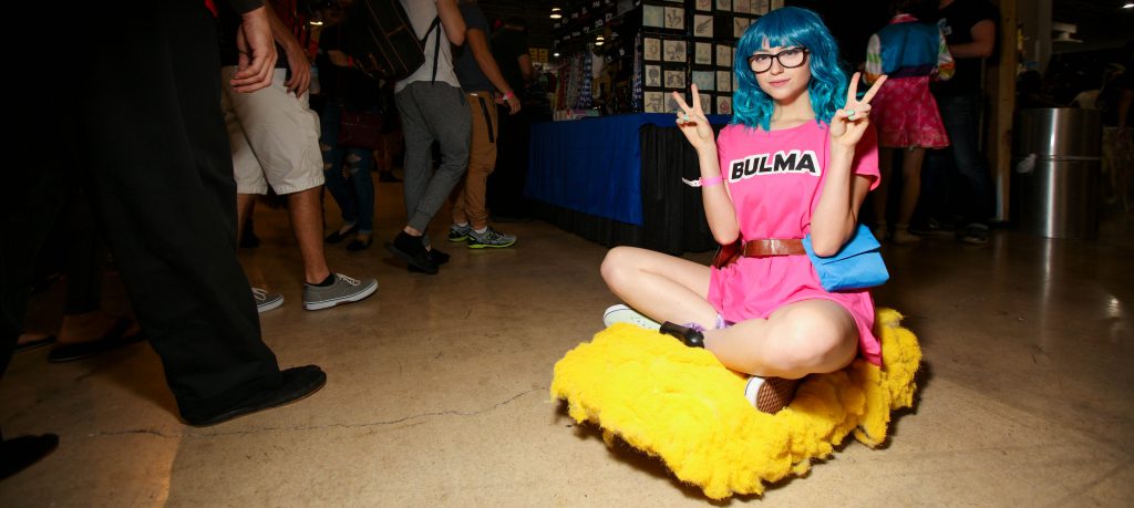 A student cosplaying as Bulma from Dragon Ball Z.