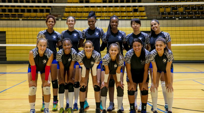 MDC's Lady Sharks volleyball team posing for the camera.