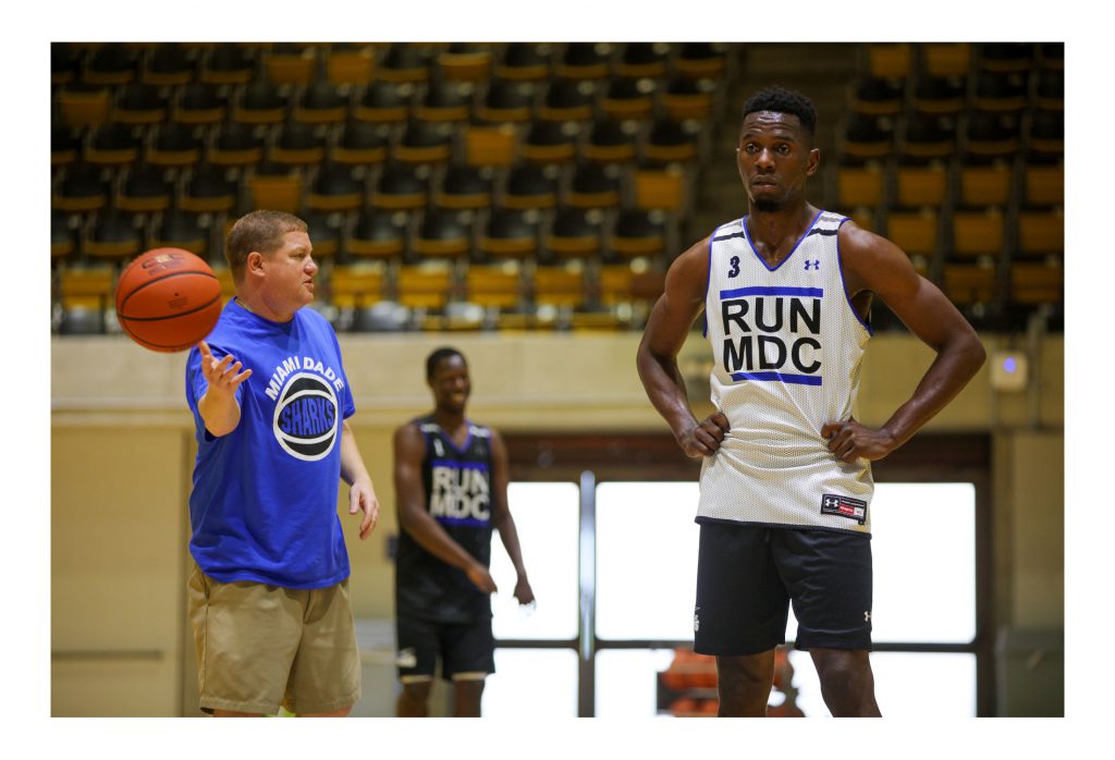 The men's basketball team at practice.