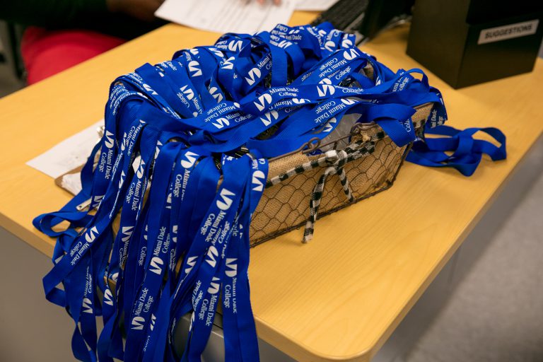 Basket full of lanyards.