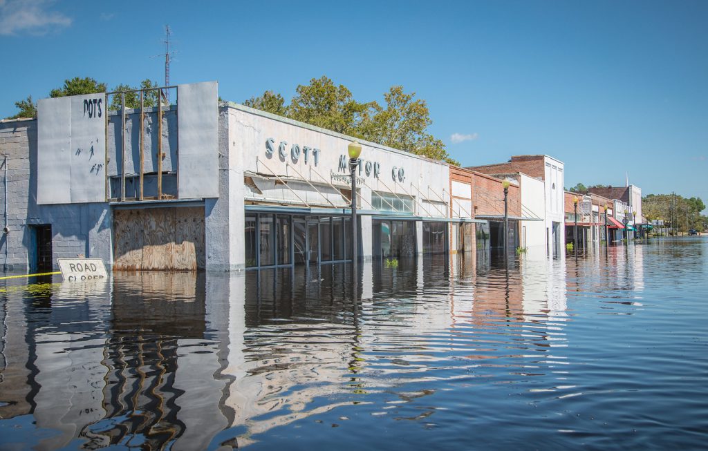 Flooded street in Fair Bluff, North Carolina.