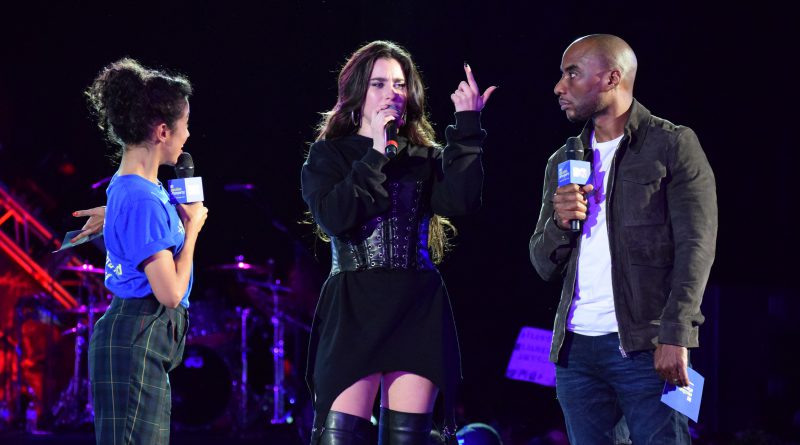 Liza Koshy, Lauren Jauregui and Charlamagne tha God on stage.