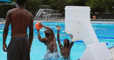 Students playing basketball in the pool.