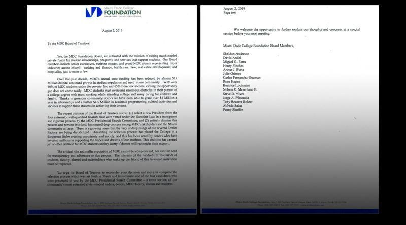MDC Foundation letter condemning decision to reboot presidential search.