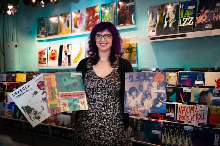 Lauren "Lolo" Reskin showing off her record store.