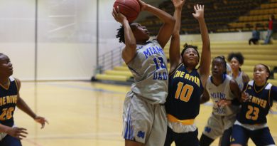 Daliyah Brown trying to score a basketball.