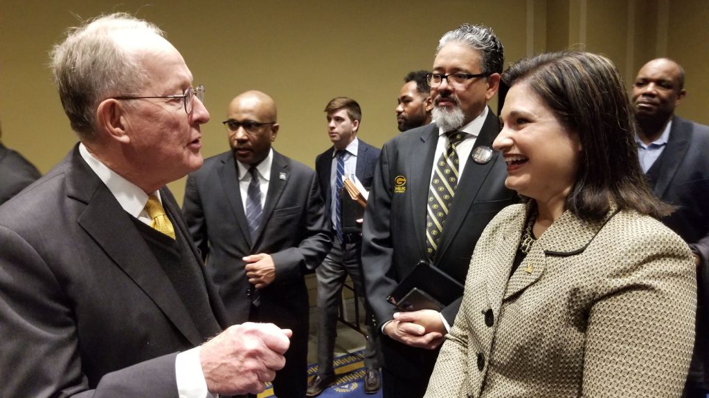 Senator Lamar Alexander and MDC vice president and provost Lenore Rodicio chatting.