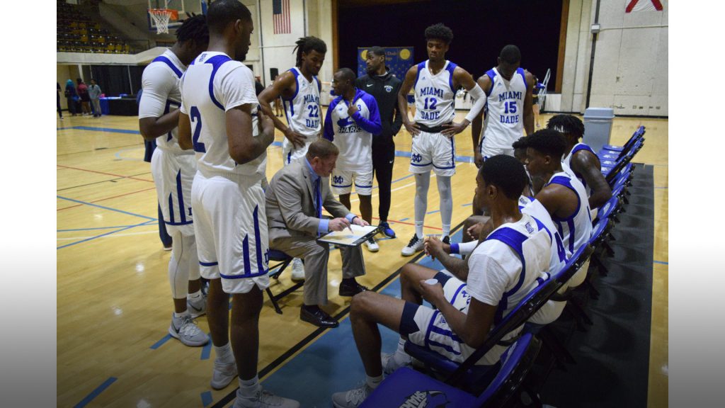 MDC's men's basketball team during time out.