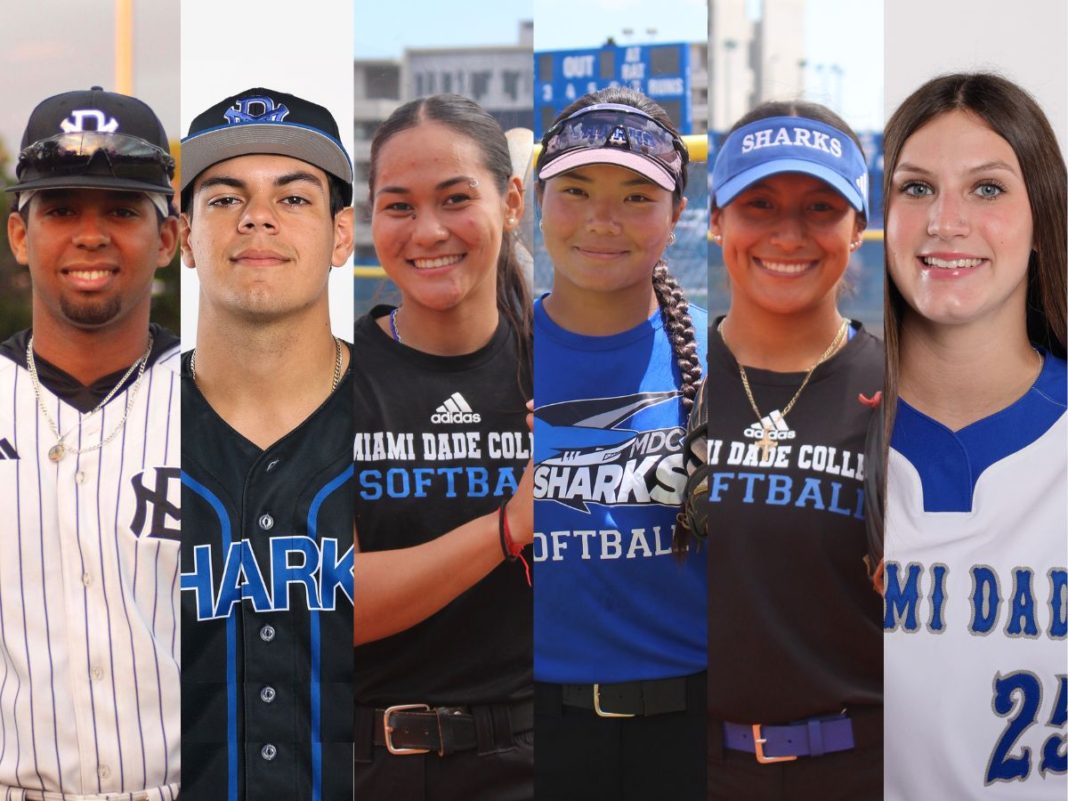 First-Team: Pictured from left are baseball players Willy Mendez and Samuel Alonso and softball players Caroline Mito, Amanda Handa, Makayla Deleon and Alyssa Densmore.